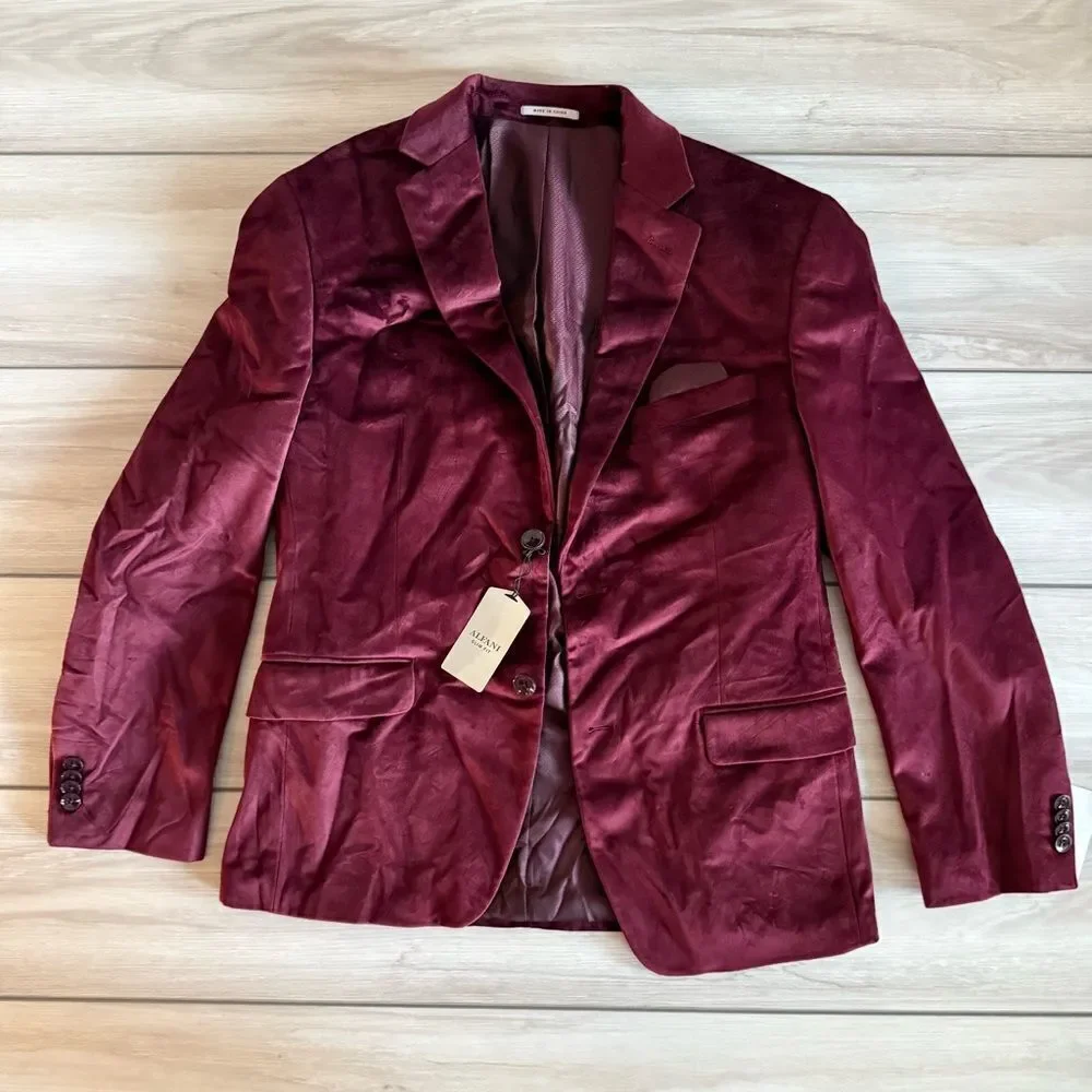 Alfani Slim Fit Velvet Sport Coat Blazer Burgundy 38S NWT